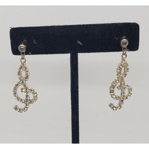 Vintage Earrings Music Note Rhinestone & Sterling Silver Musical Sing Singing - Picture 3 of 8